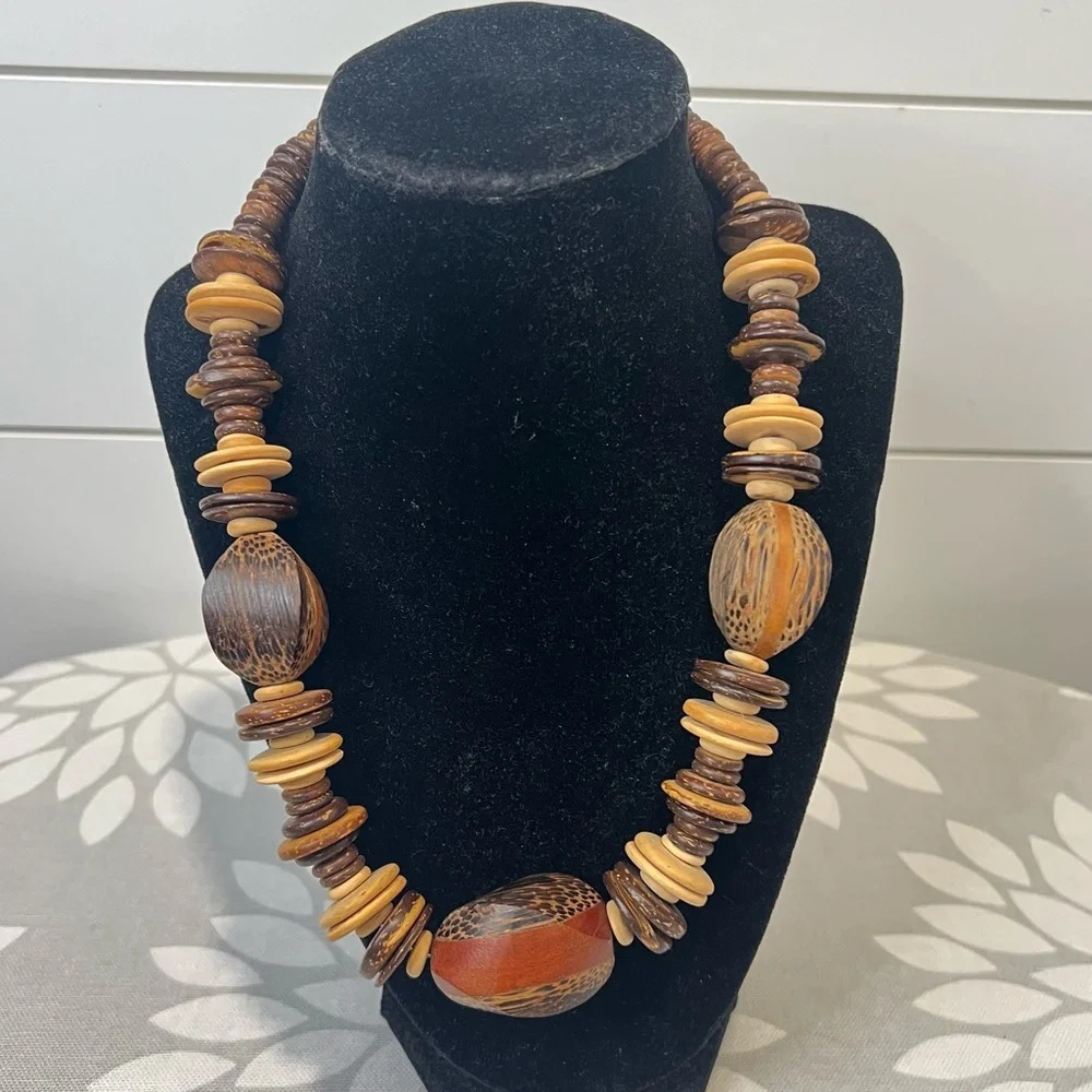 Vintage Large Bead Wood Statement Piece Chunky Earth Tone Necklace.